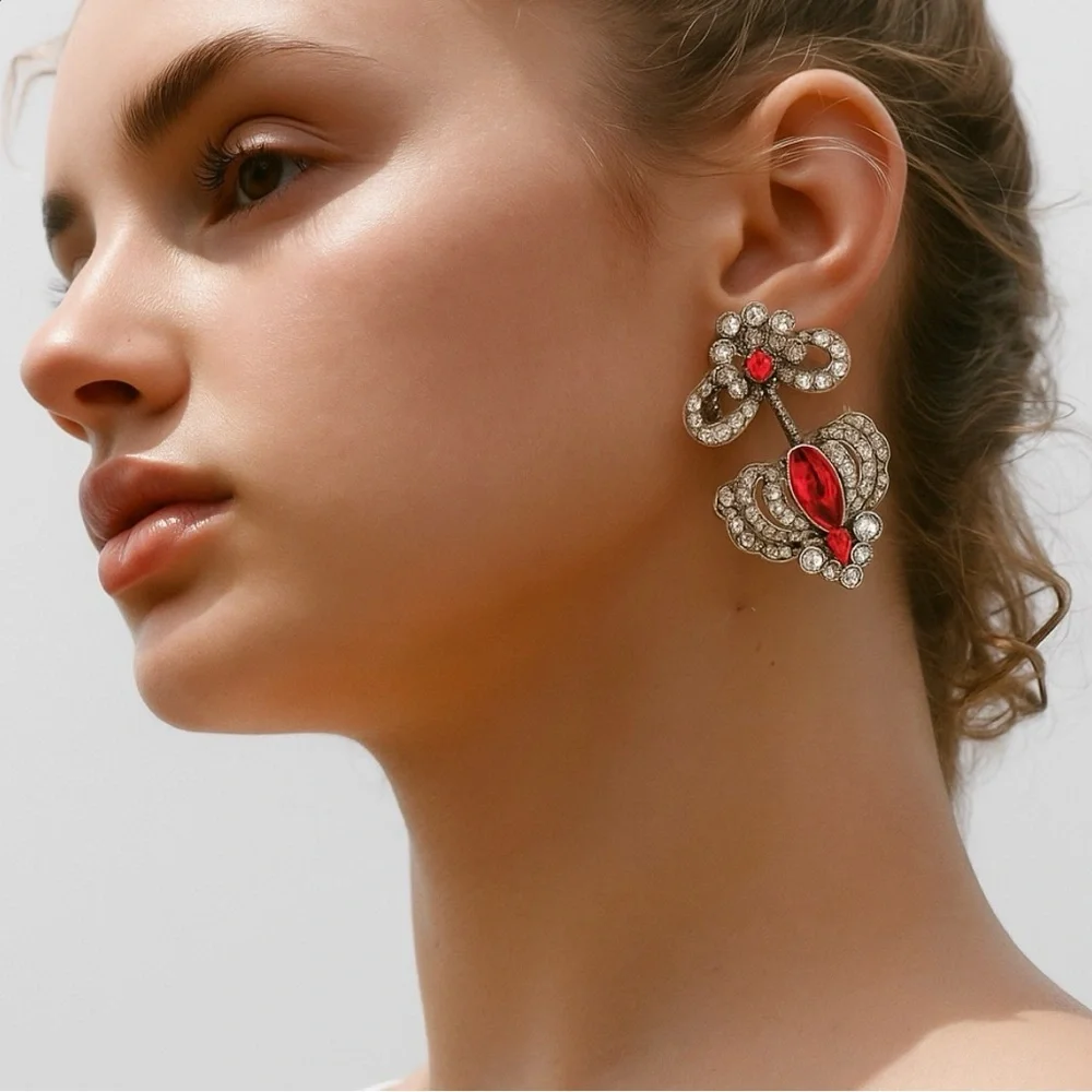 Regal Red Stone Gold Tone Earrings Baroque Regency Rhinestone Vtg Style NEW